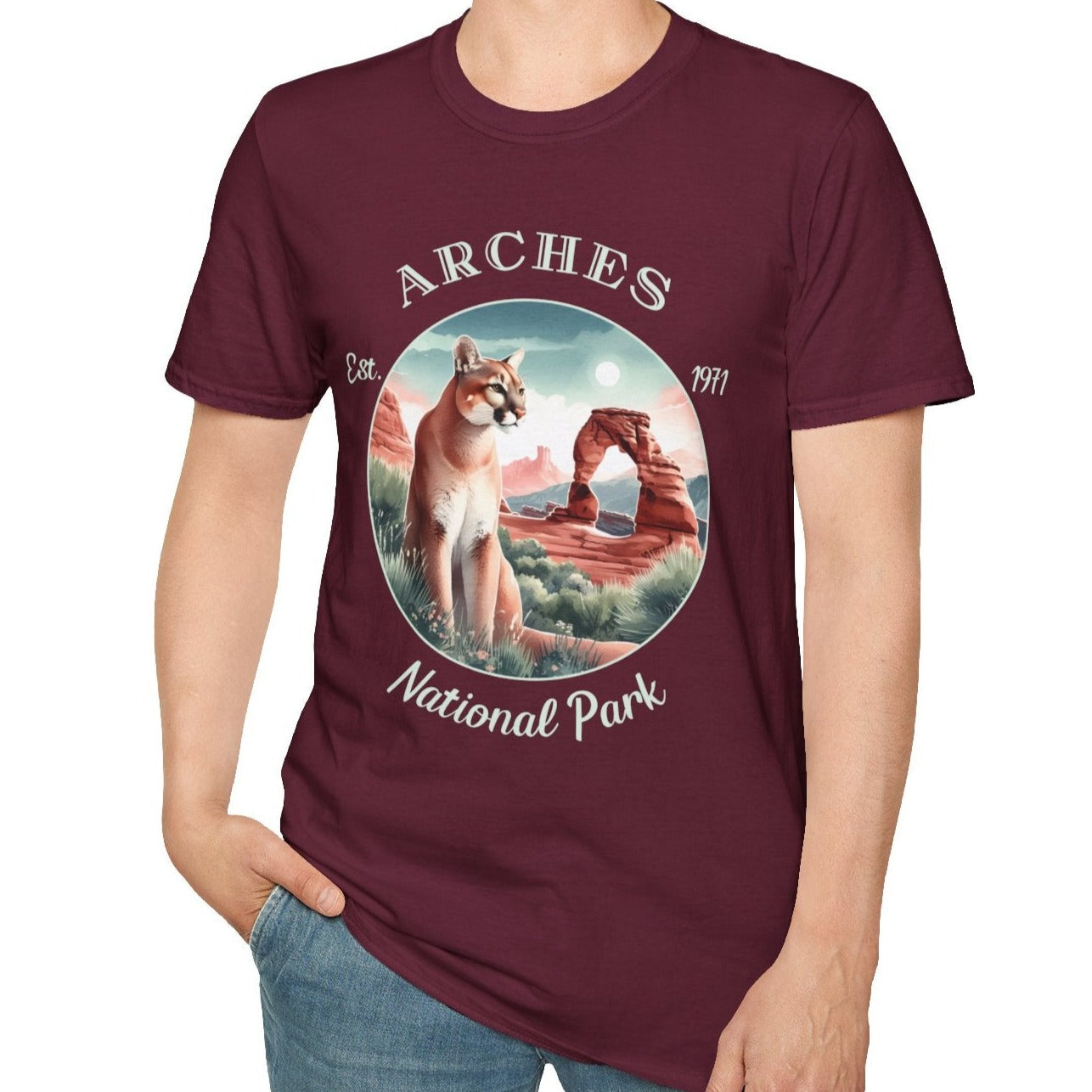 us Arches national park t-shirt nice gift for girlfriend, mindful present for husband on journey to us np, apparel to live wild life and love us national parks, maroon t shirt