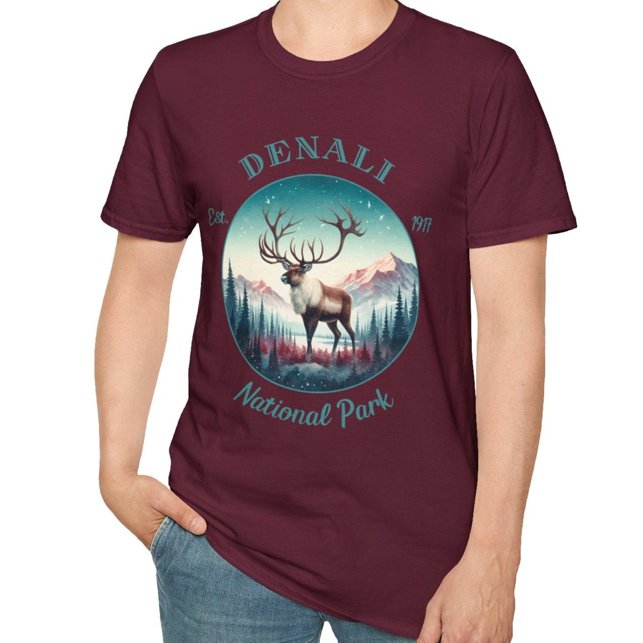 caribou us Denali national park t-shirt nice gift for girlfriend, mindful present for husband on journey to us np, apparel to live wild life and love us national parks, maroon t-shirt for women, tee for men