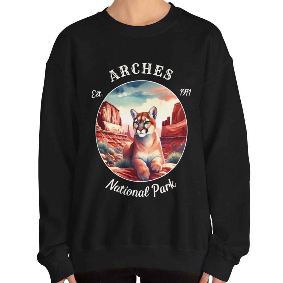 us arches park sweatshirt is great gift for girlfriend, mindful present for husband emberking on his journey to us np, accessories for those who live wild life and love us national parks, black oversized sweatshirt