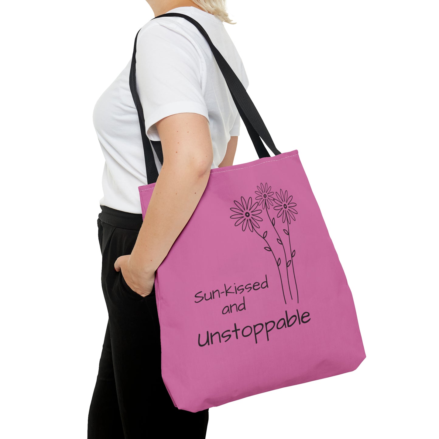 polyester pink totebag for women, stylish gift for ladies, essential piece for every woman, meadow flovers motive on one side, unstoppable daisy on the other side