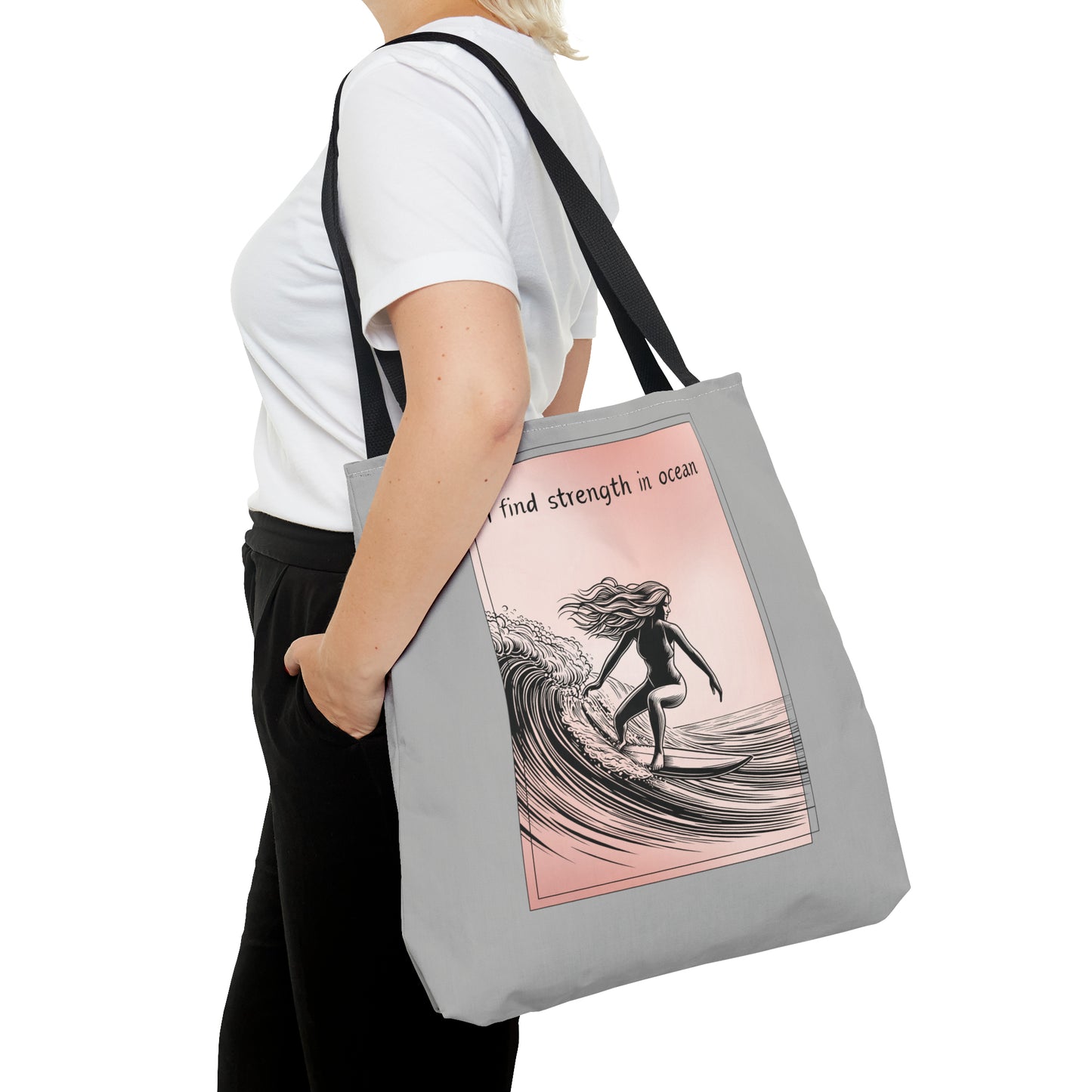 Surfing Girl, Catch the wave tote bag, gray and pink