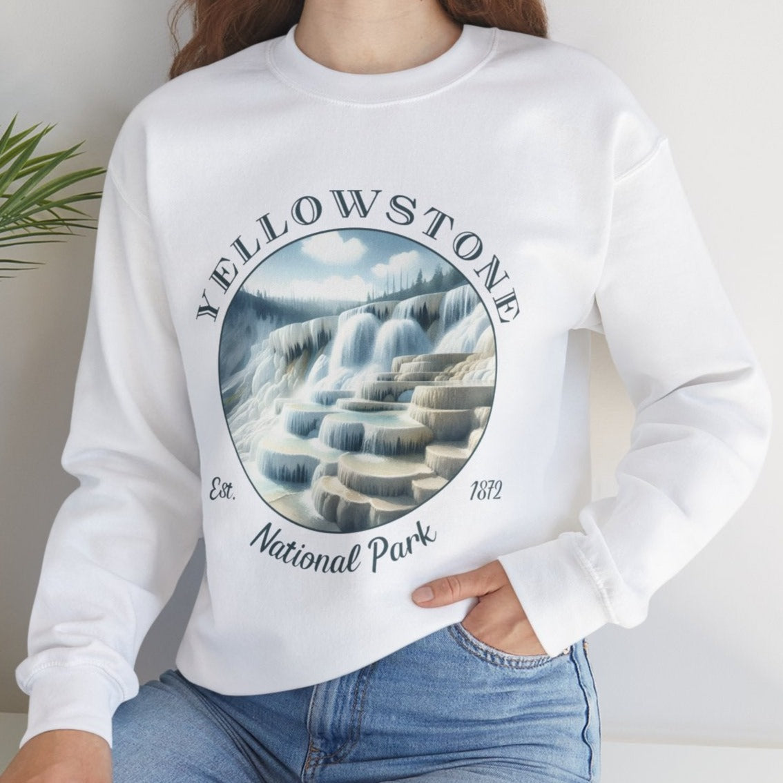 Yellow park cascade white crewneck sweatshirt cool gift for boyfriend, nice gift for wife and her wild adventure through np in usa, great statement shirt for wildlife preservation supporters and enthusiasts