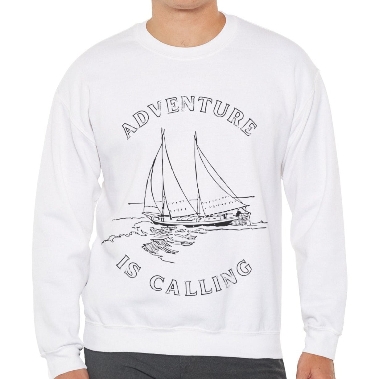 white sailboat adventure sweatshirt for women and men, cool gift for a boat lover or sailor us, design of yacht ship cruising ocean