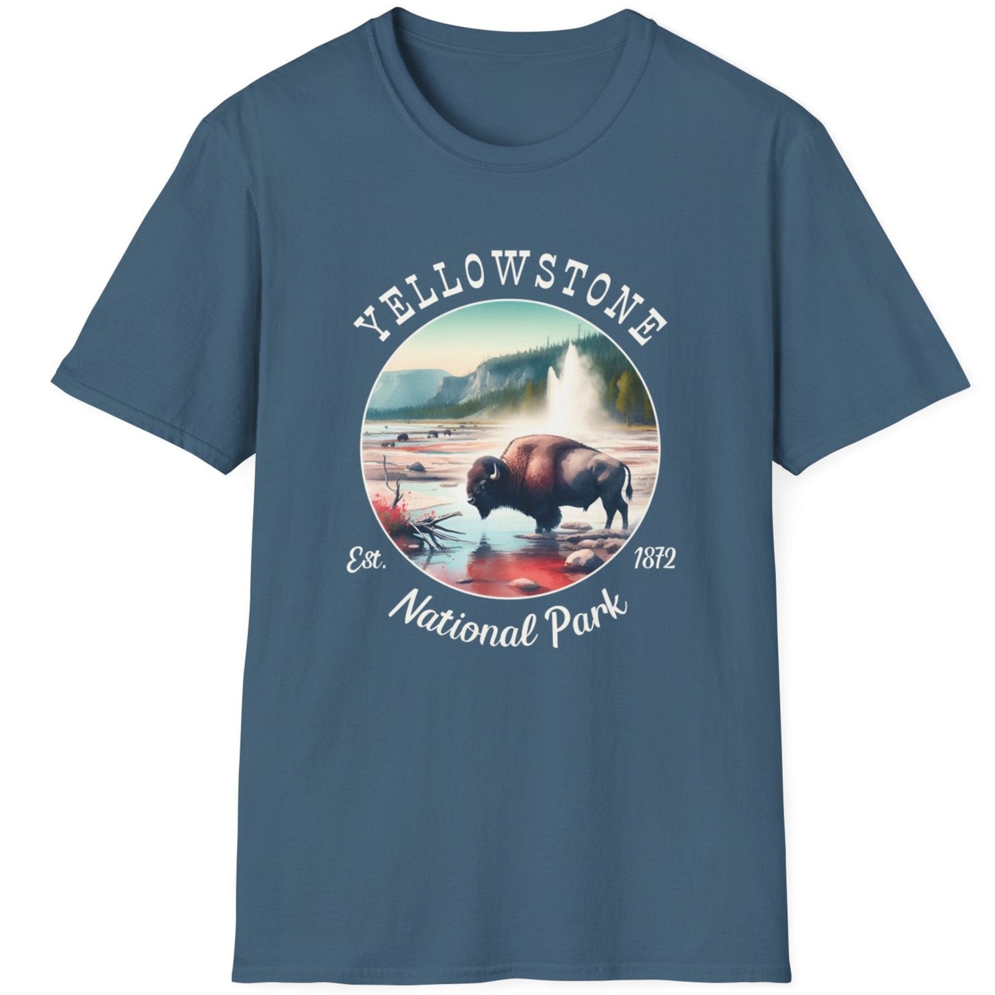 Yellow park stone blue tee cool gift for boyfriend, nice gift for wife and her wild adventure through np in usa, great statement shirt for wildlife preservation supporters and enthusiasts