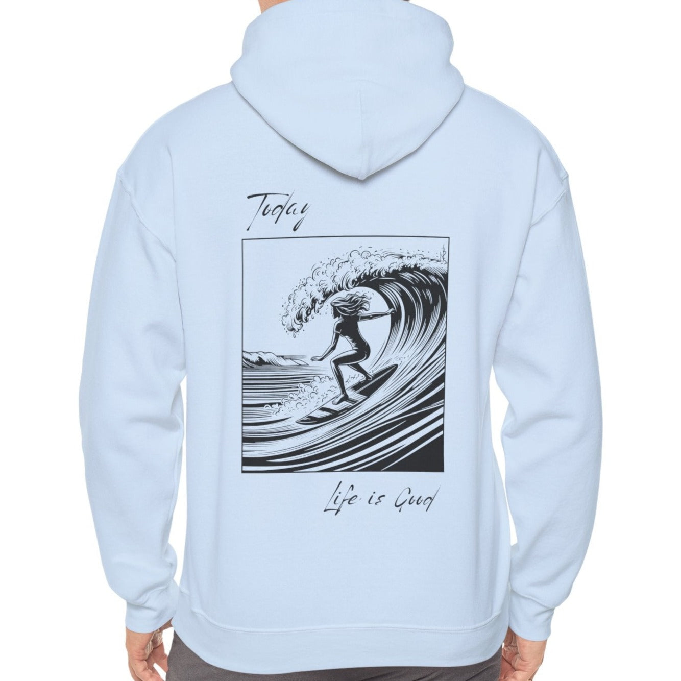 light blue hoodie with design of surfing girl, apparel for women, cool gift for mom, aunt or girlfriend