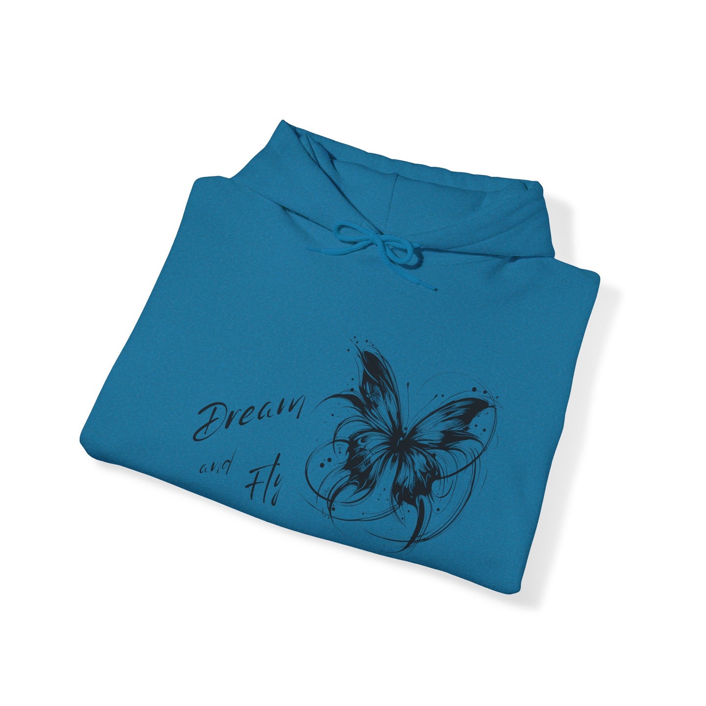 Oceanic blue hoodie with black butterfly graphics for women empowerment event, great for summer beach party night or barbecue evenings with friends and familly