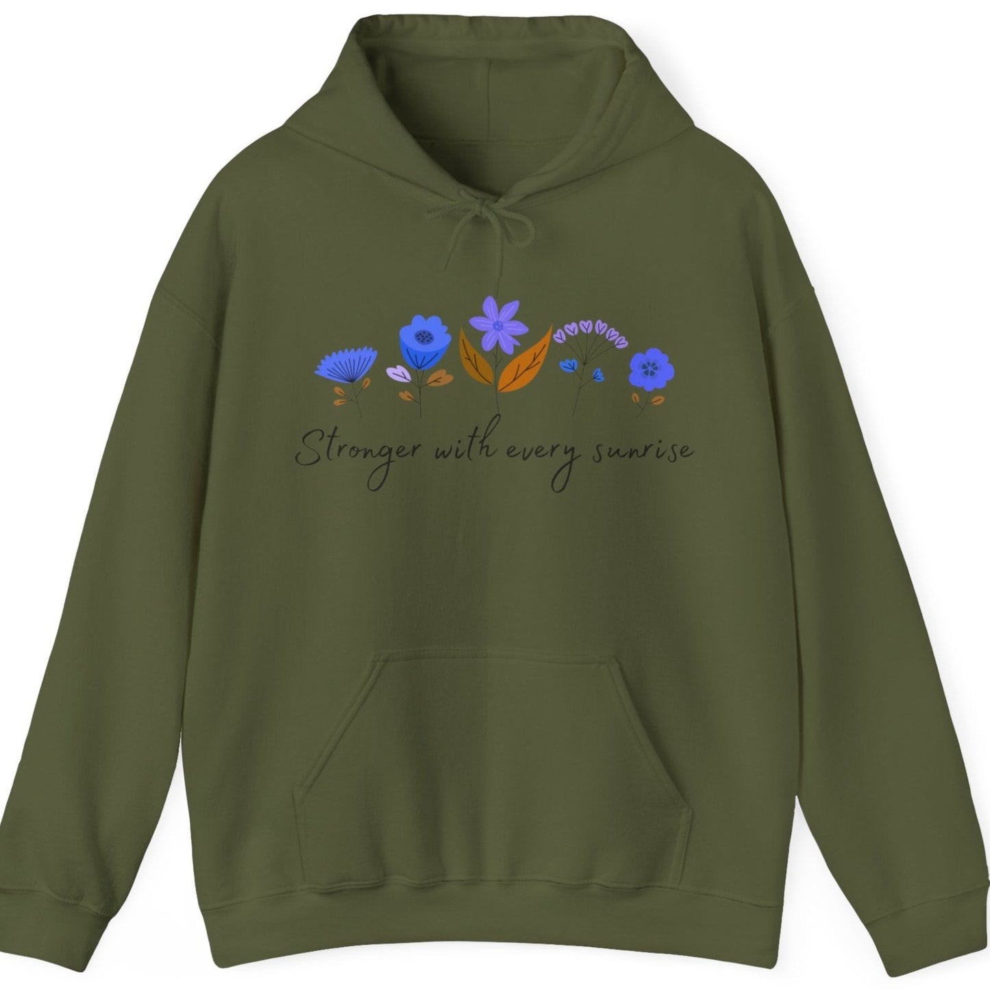 green hoodie with female empowering message, blue flowers, great get well soon present, cool gift for partner, mom, wife, sister, aunt