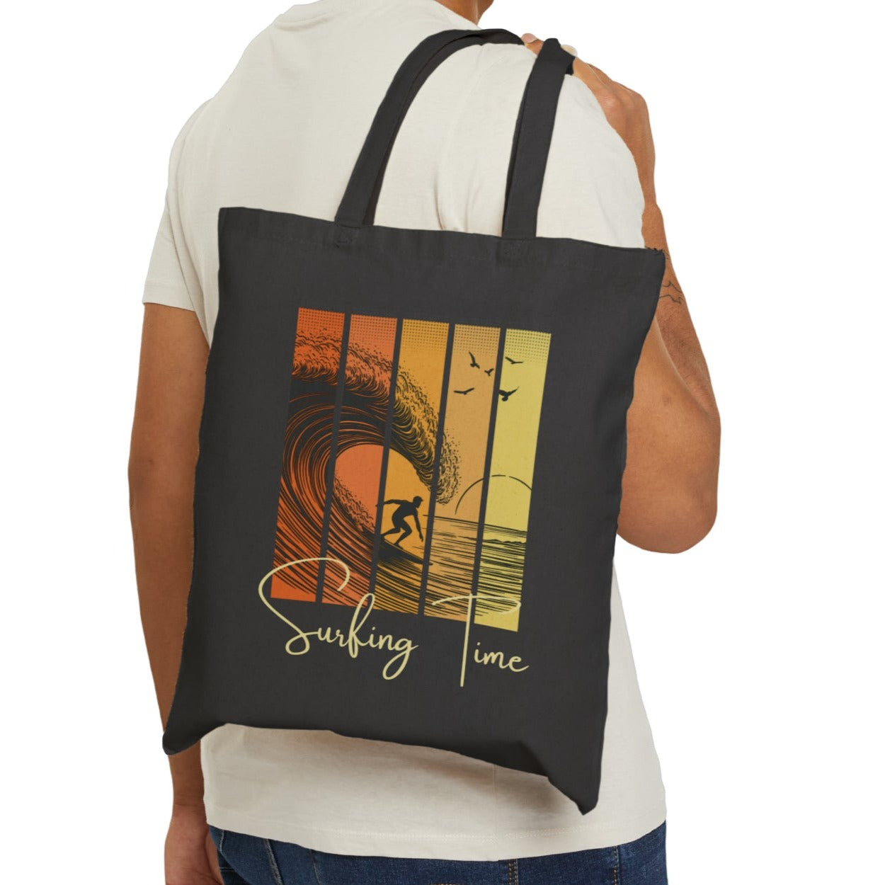 Surfing Time, Sunset Cotton Canvas Tote Bag