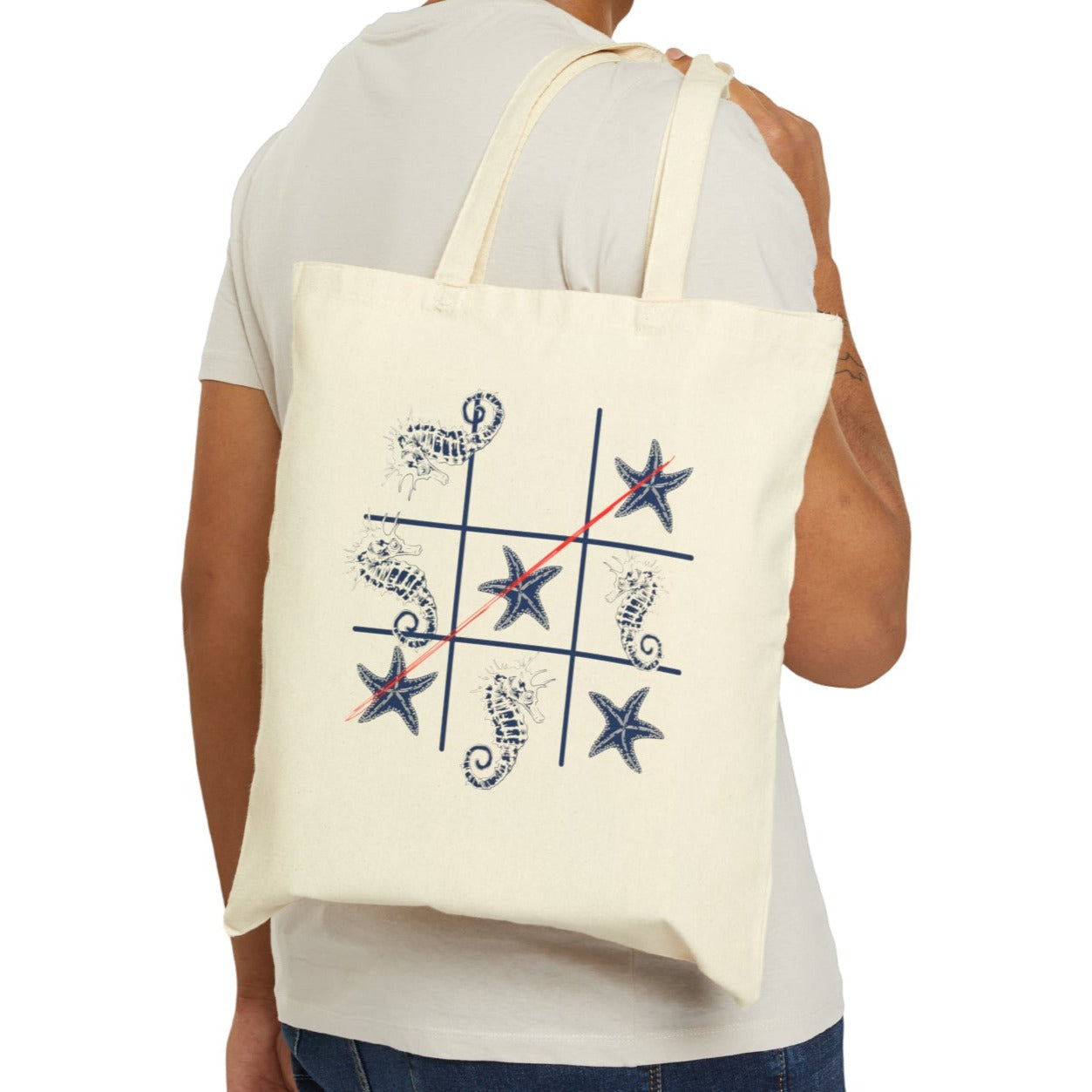 natural color summer beach bag, boho style design with seahorses and starfish in tic tac toe, cool gift 