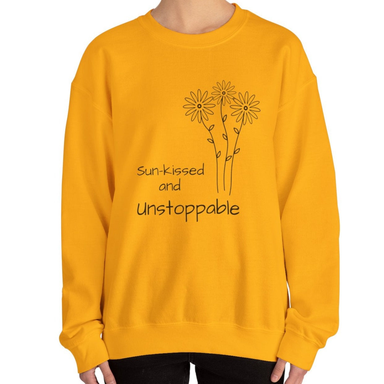 yellow urban design sweatshirt, unstoppable daisy illustration, 