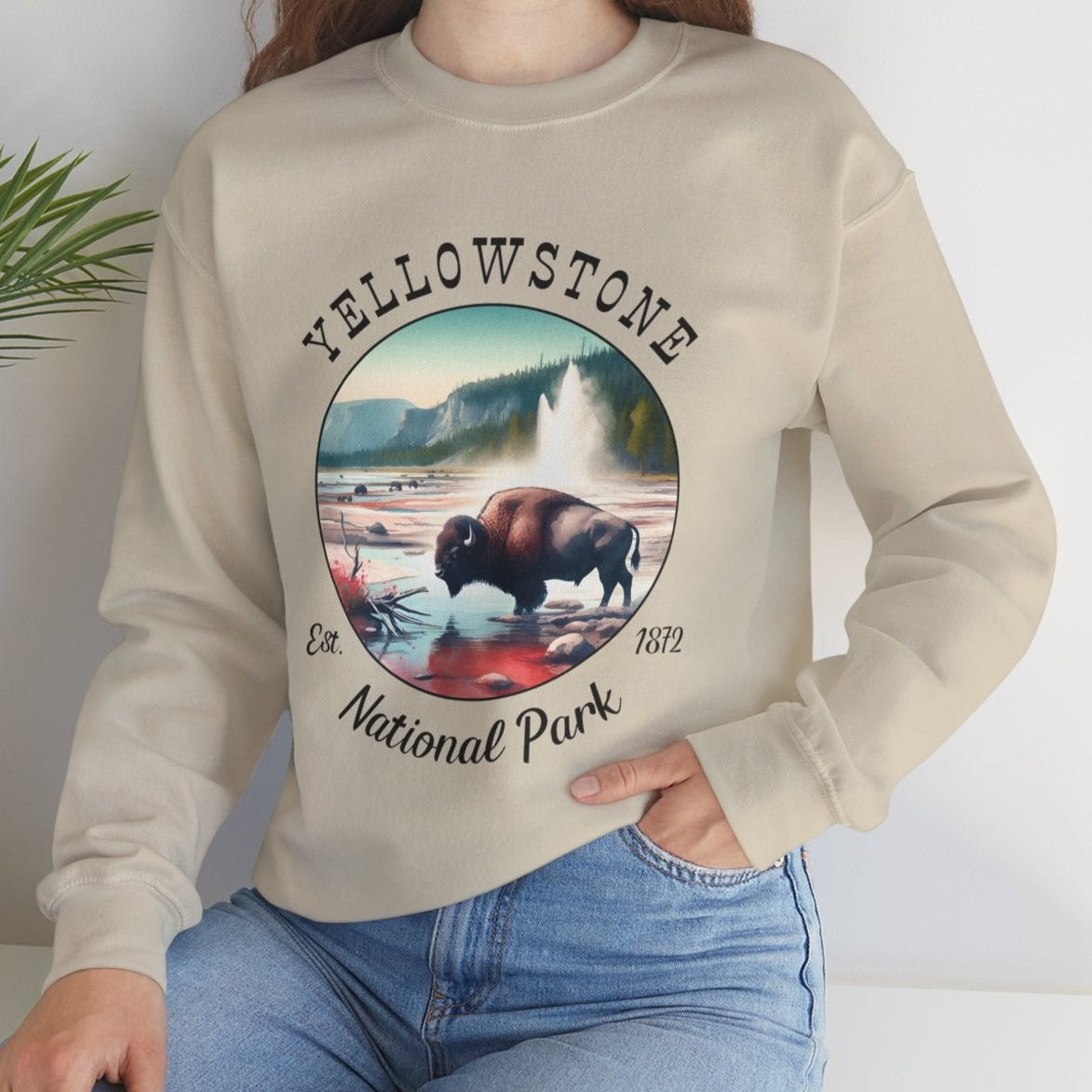 Yellow park crewneck sweatshirt cool gift for boyfriend, nice gift for wife and her wild adventure through np in usa, great statement shirt for wildlife preservation supporters and enthusiasts