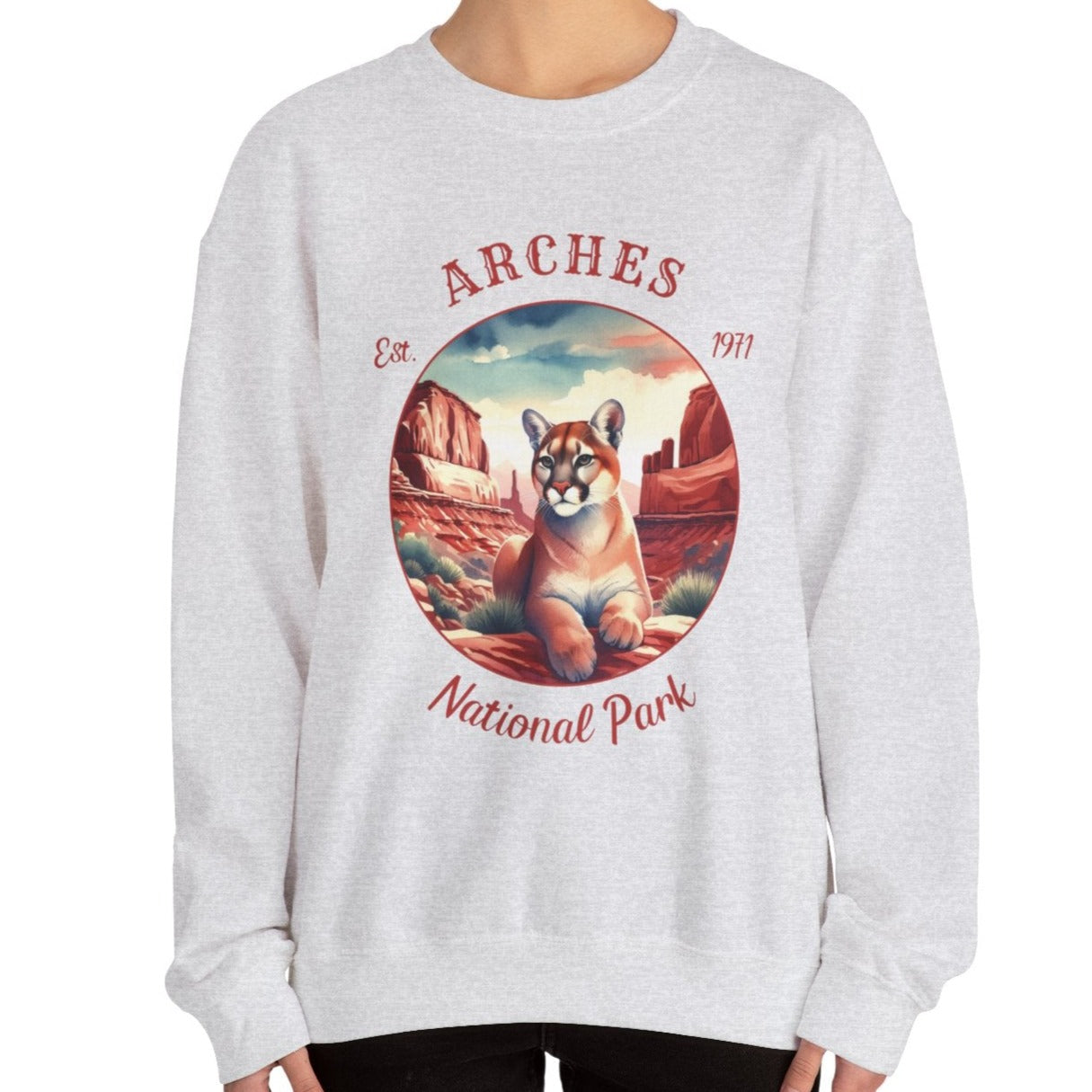 us arches park sweatshirt is great gift for girlfriend, mindful present for husband emberking on his journey to us np, accessories for those who live wild life and love us national parks, ash grey oversized sweatshirt