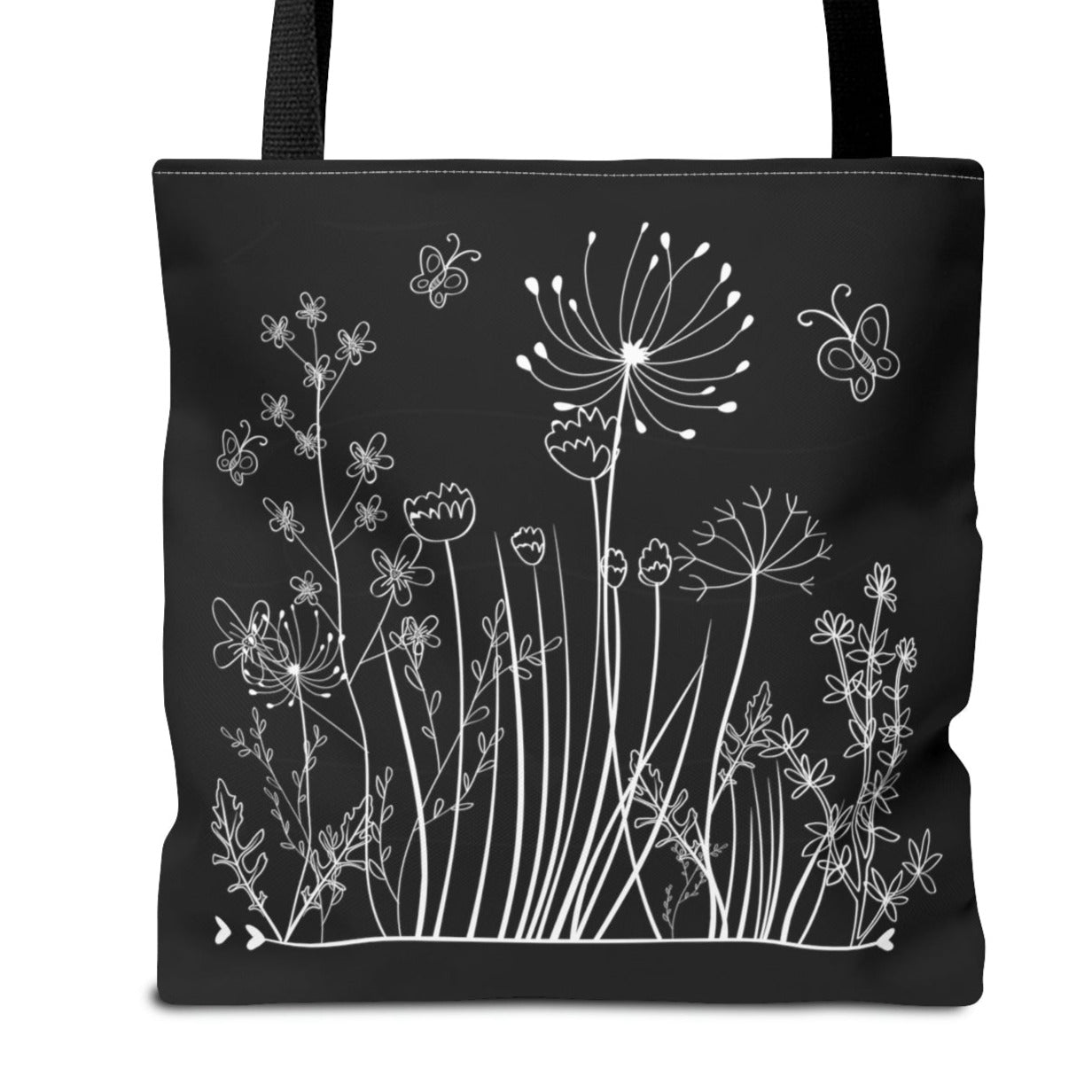 polyester black tote bag for women, stylish gift for ladies, essential piece for every woman, meadow flovers motive on one side, unstoppable daisy on the other side