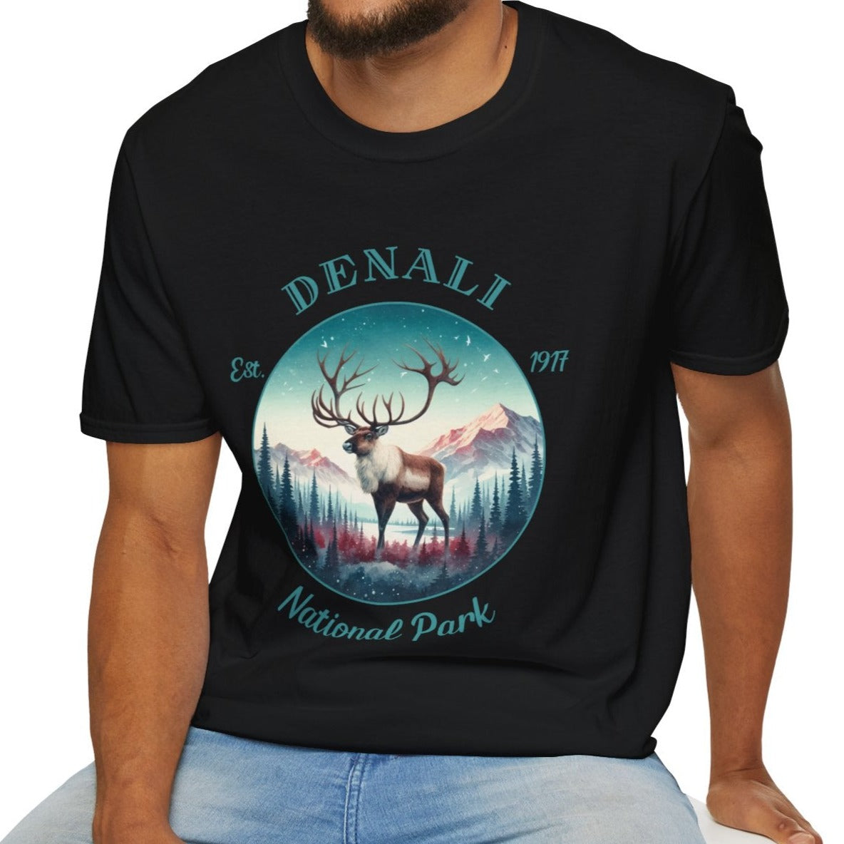 Denali park caribou tee cool gift for boyfriend, nice gift for wife wild adventure through np in usa, good statement shirt for wildlife preservation supporters and enthusiasts, black oversized tshirt