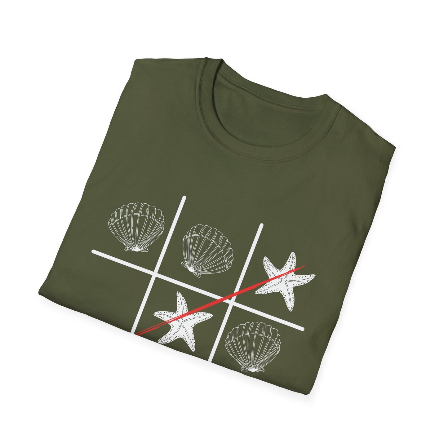 military green t shirt with white design, seastars and shells design, design tee, cool gift for your boyfriend