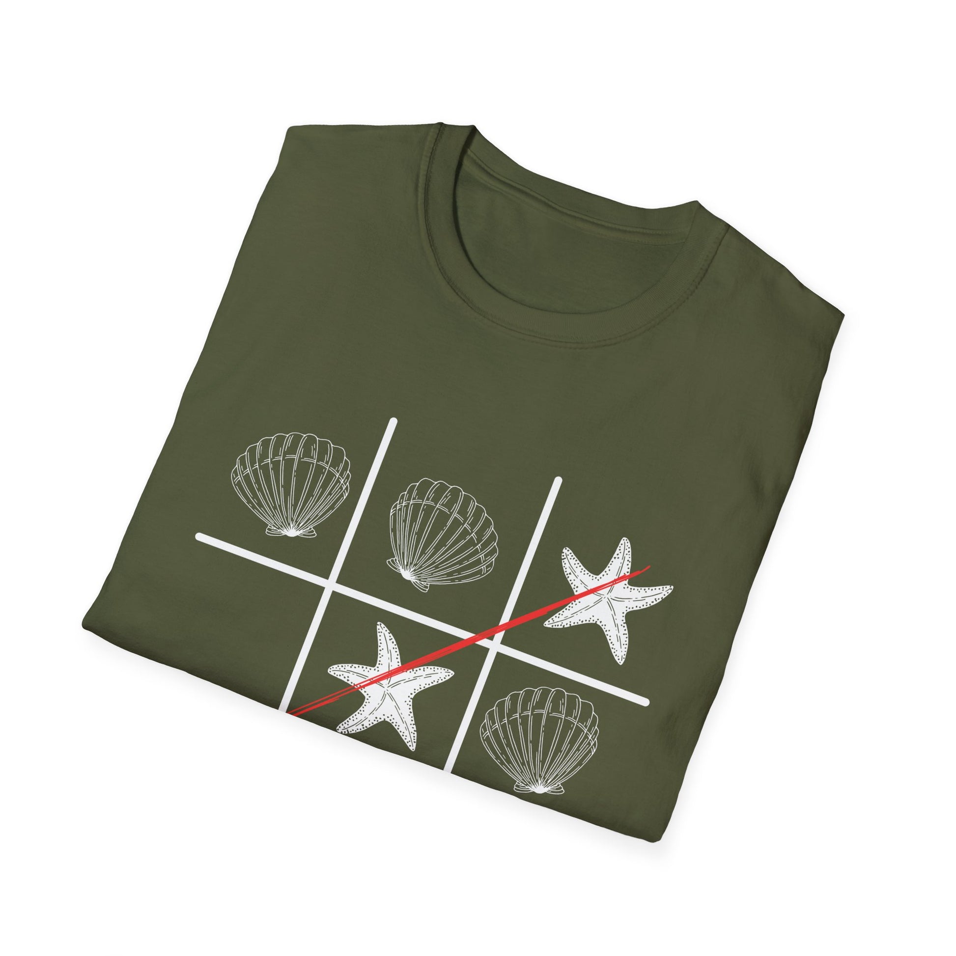 military green t shirt with white design, seastars and shells design, design tee, cool gift for your boyfriend