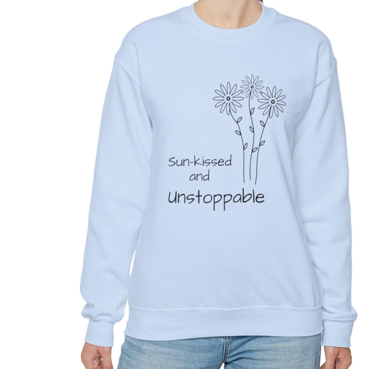 light blue sweatshirt with urban chic design with daisy, present for women