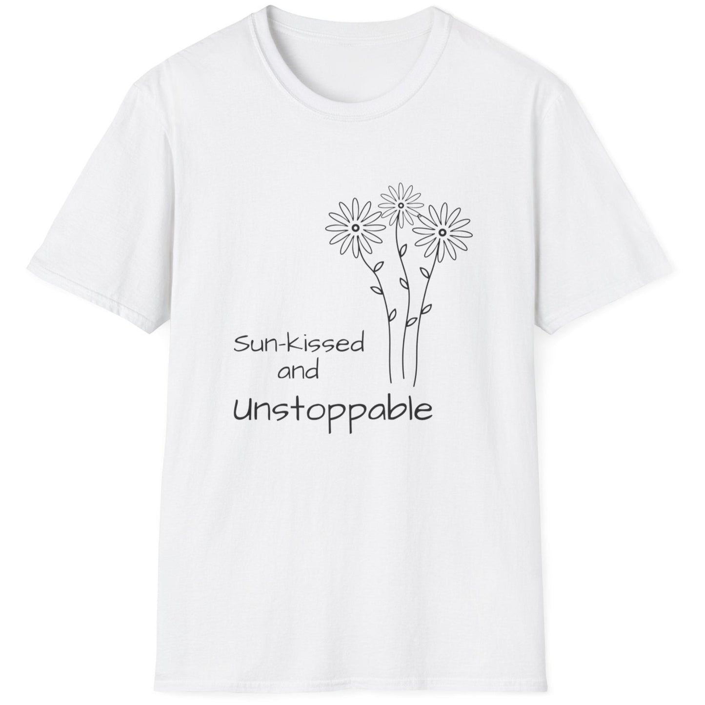 white chic urban t shirt for women, black daisy design, empowering message, cool gift