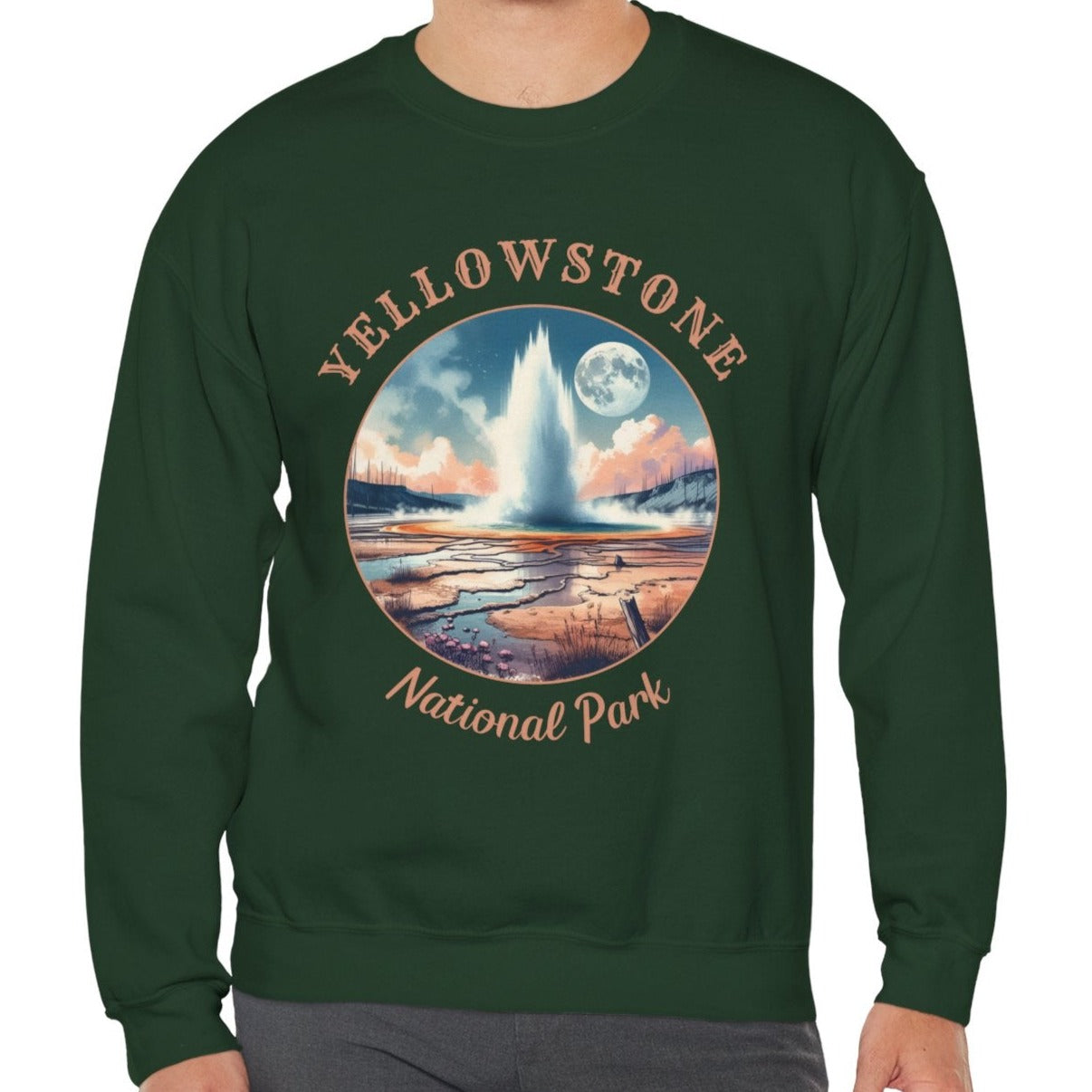 yellowstone national park crewnweck sweatshirt is cool gift for boyfriend, nice gift for wife and her wild adventure through np in usa, great statement bag for wildlife preservation supporters and enthusiasts, forest green sweater