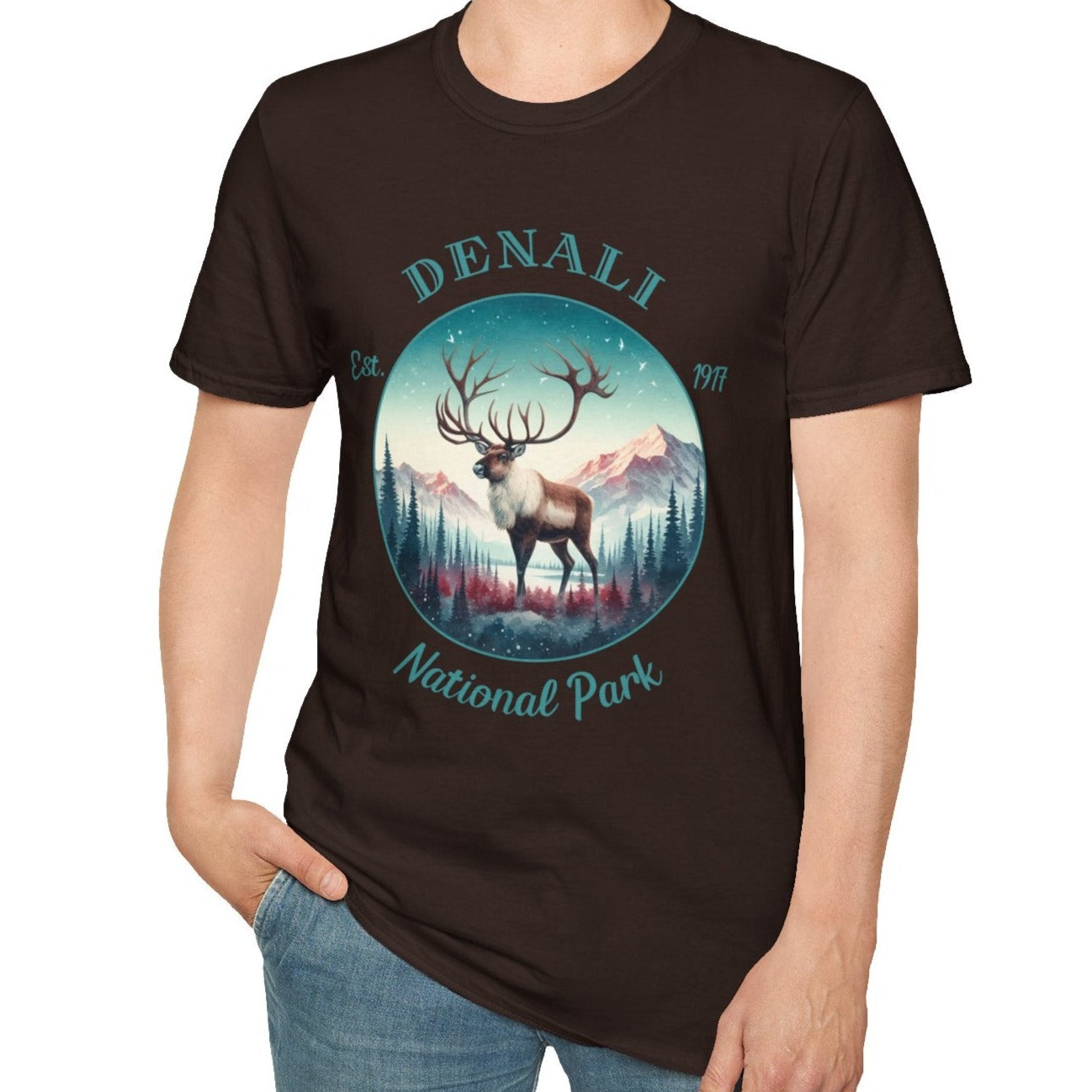 caribou us Denali national park t-shirt nice gift for girlfriend, mindful present for husband on journey to us np, apparel to live wild life and love us national parks, dark chocolate tee