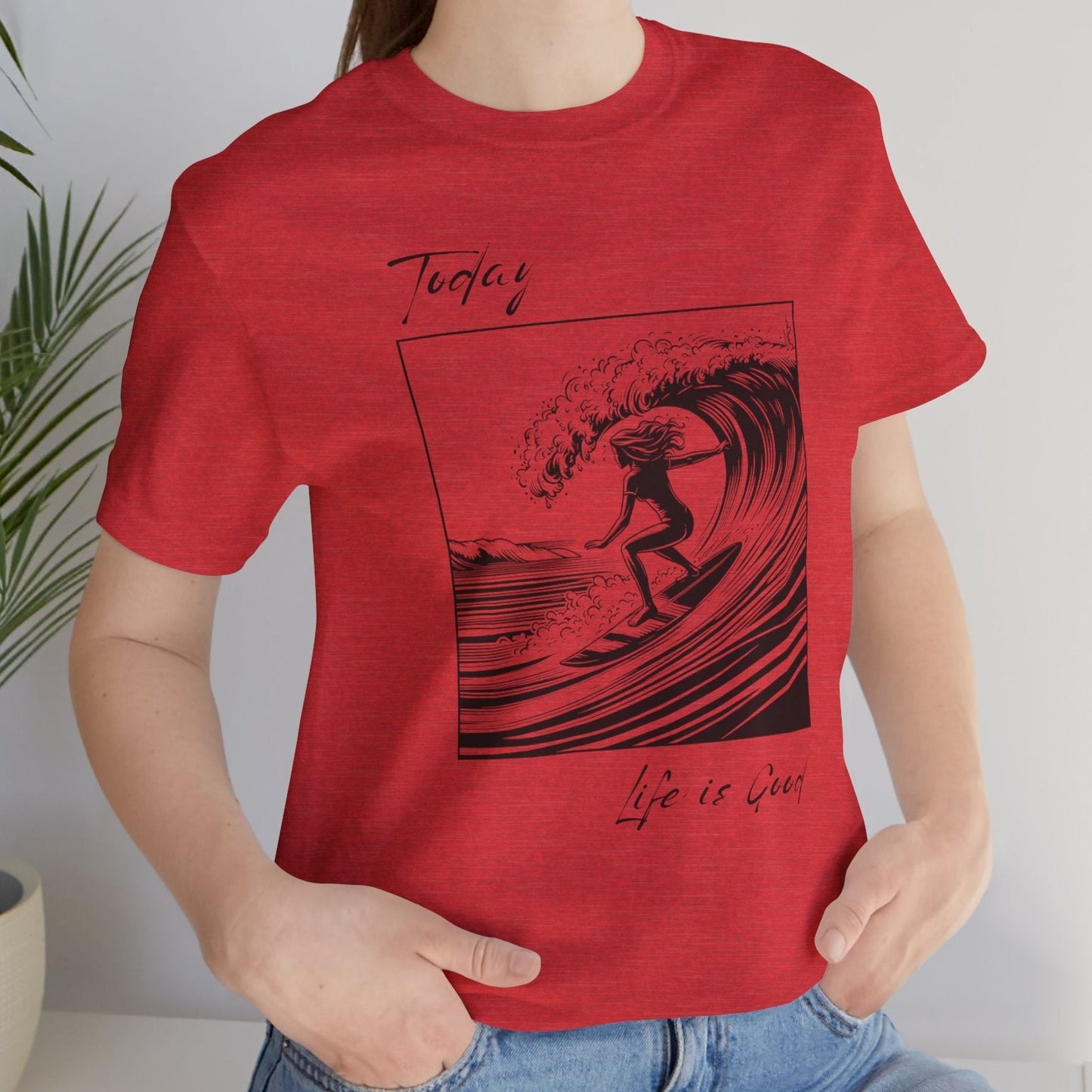 heather red surfing design tee for women, inspired by west coast beaches, cool gift for emploees who are surfers, best beach outfit