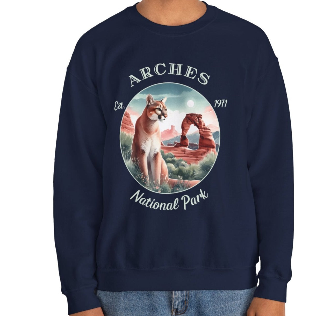 us arches sweatshirt is great gift for girlfriend, mindful present for husband emberking on his journey to us np, accessories for those who live wild life and love us national parks, navy sweatshirt