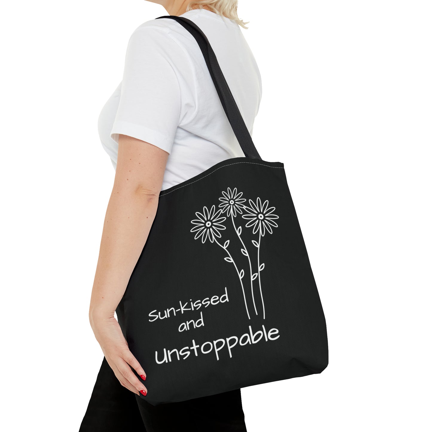 polyester black tote bag for women, stylish gift for ladies, essential piece for every woman, meadow flovers motive on one side, unstoppable daisy on the other side