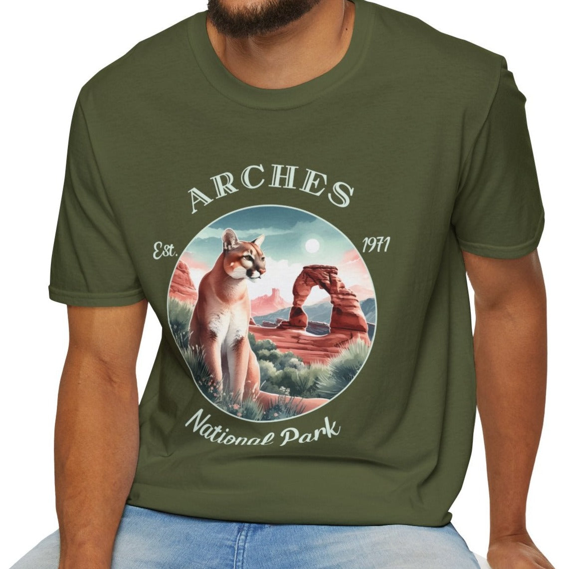 Arches park tee cool gift for boyfriend, nice gift for wife wild adventure through np in usa, good statement shirt for wildlife preservation supporters and enthusiasts, military green tshirt