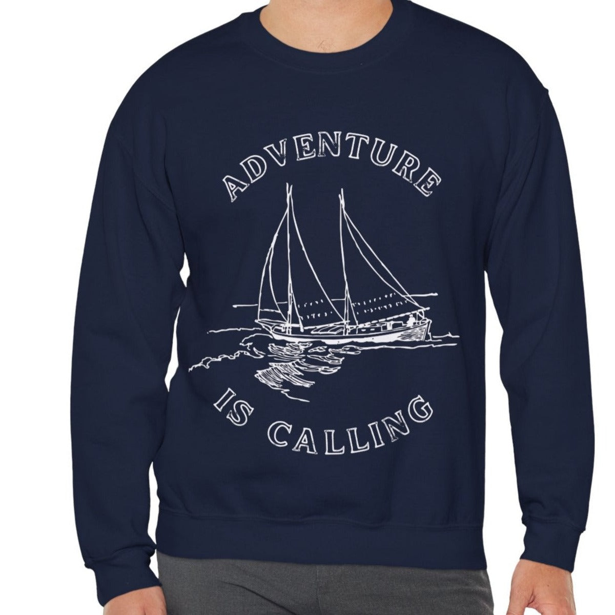 blue yacht adventure sweatshirt for men sailing holidays, cool gift for wife or as a present for boat owner