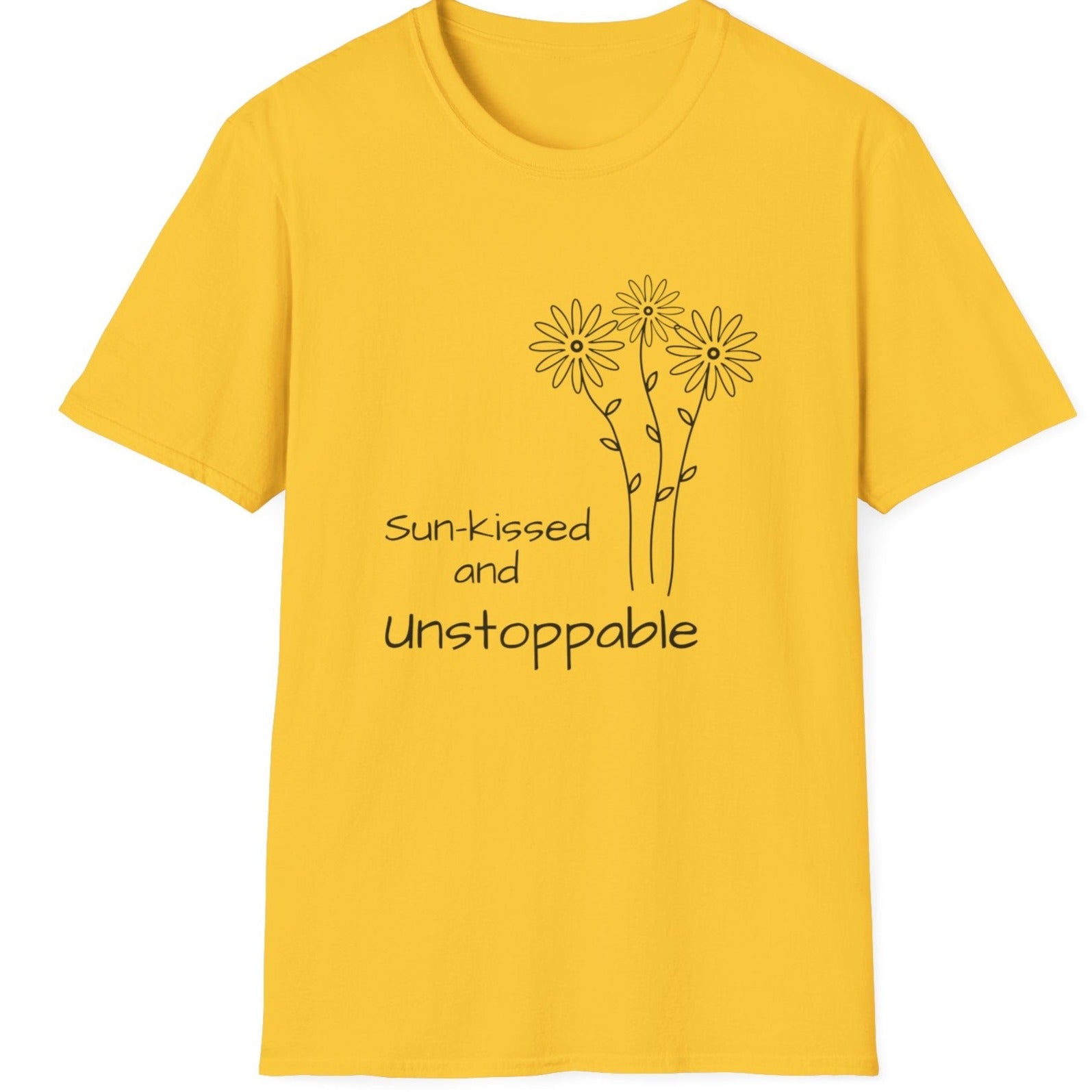 yellow classic t shirt, urban black daisy design, for unstoppable women, female empowering message, present, gift,