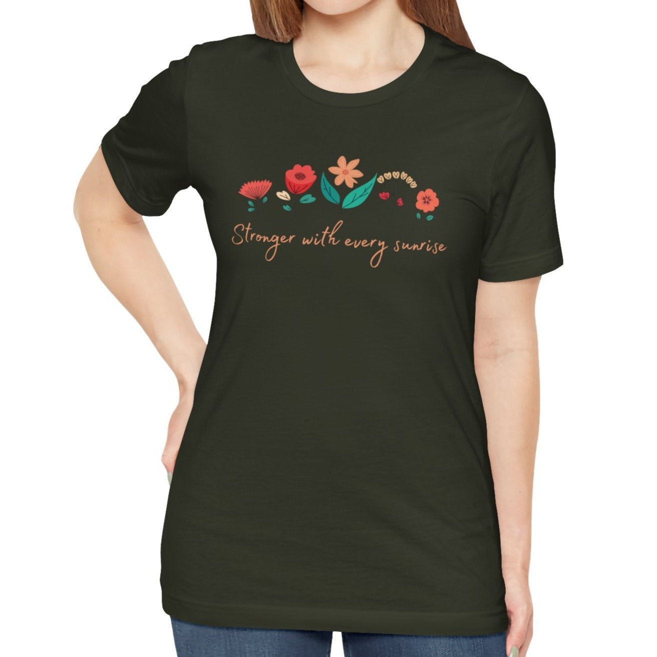 Dark olive womens tee with empowering flower graphic design, great outfit for attending women empowerment groups, or as a gift for girlfriend or mom, serves well also as get well soon  present