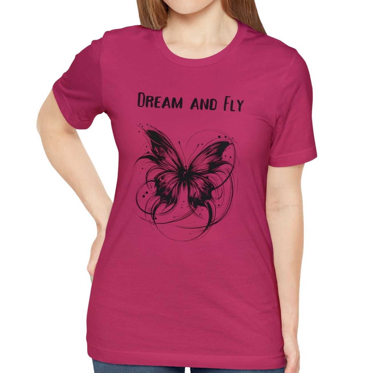 berry pink female t shirt with wild butterfly design, cool present ideas for women traveling in tropics