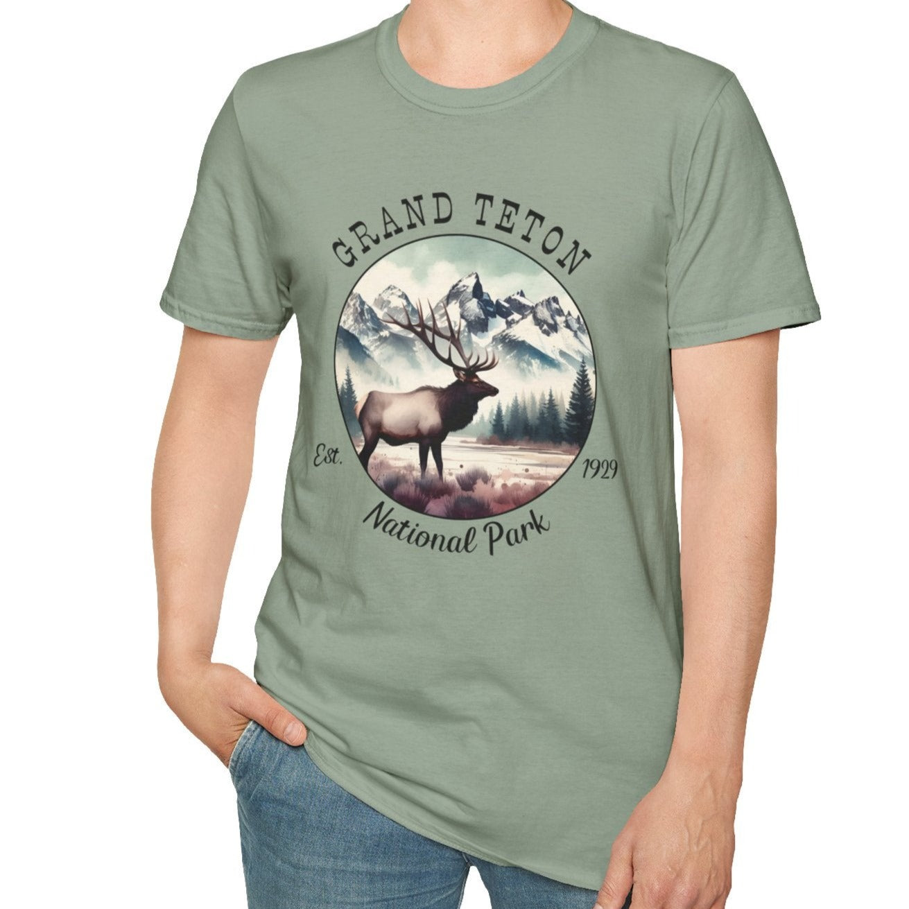 us Grand Teton national park t-shirt nice gift for girlfriend, mindful present for husband on journey to us np, apparel to live wild life and love us national parks, green sage tee