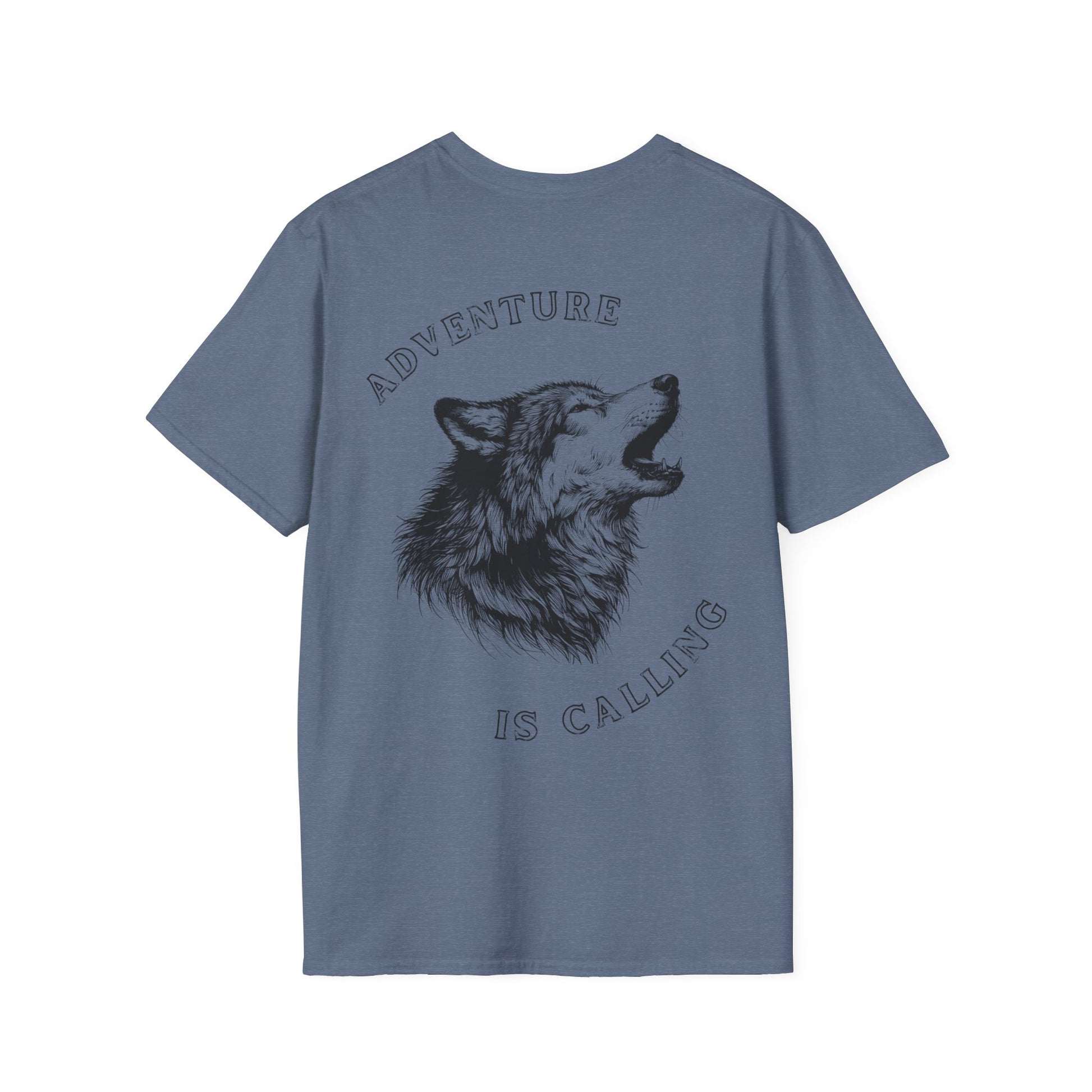 blue wolf t shirt for man, adventure is calling design inspired by wildlife animal protection, great gift and contribution to nature preservation