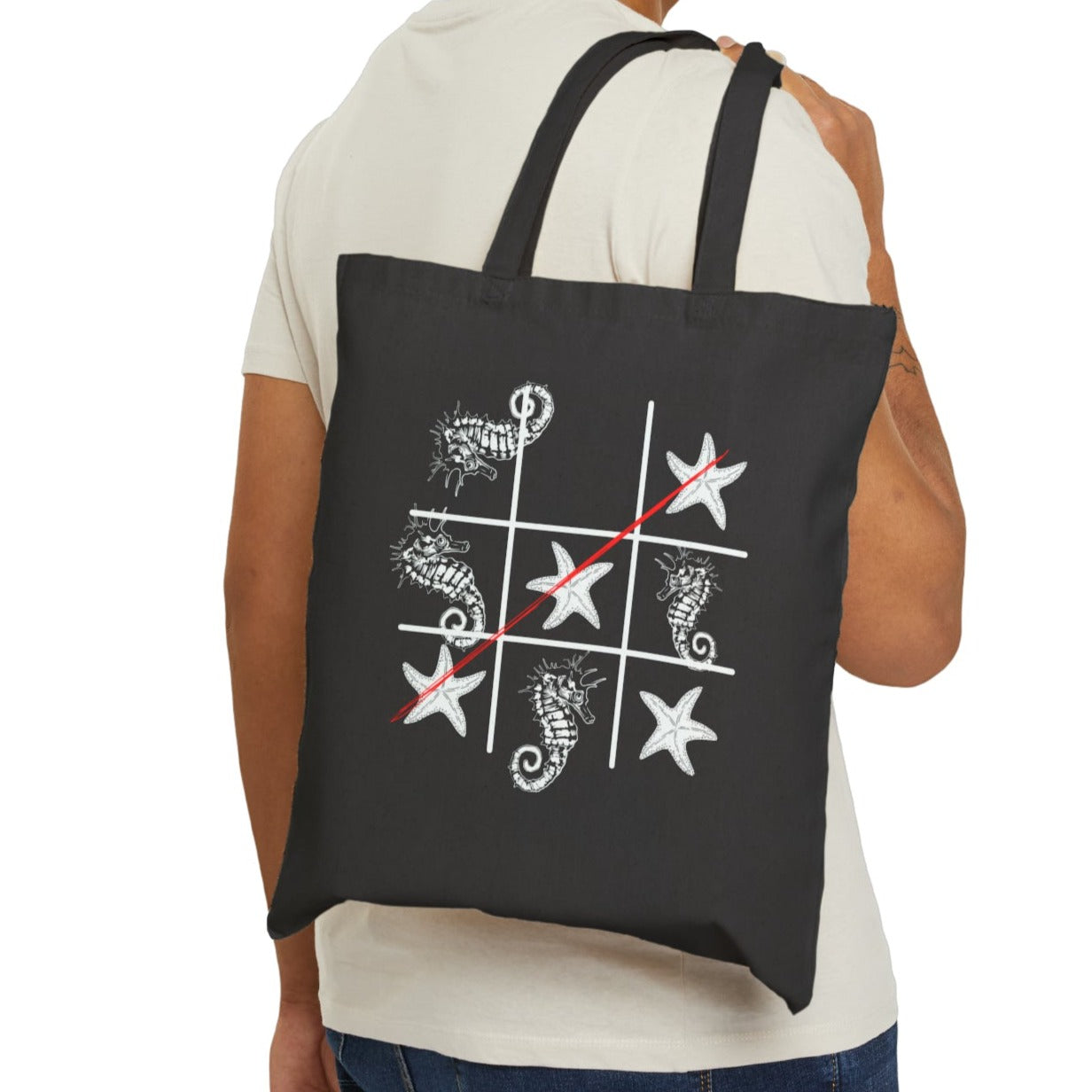 black boke summer bag, starfish and seahorse tic tac toe design, perfect for pool party, great for beach trip