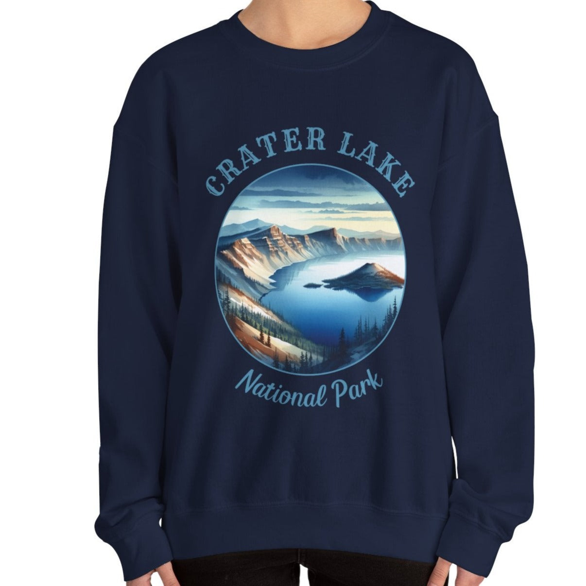 us crater lake park sweatshirt is great gift for girlfriend, mindful present for husband emberking on his journey to us np, accessories for those who live wild life and love us national parks, navy blue oversized sweatshirt