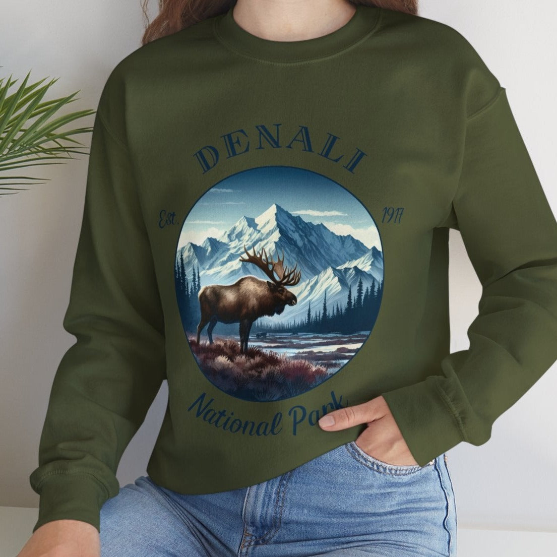 denali national park crewnweck sweatshirt is cool gift for boyfriend, nice gift for wife and her wild adventure through np in usa, great statement bag for wildlife preservation supporters and enthusiasts, military green sweatshirt