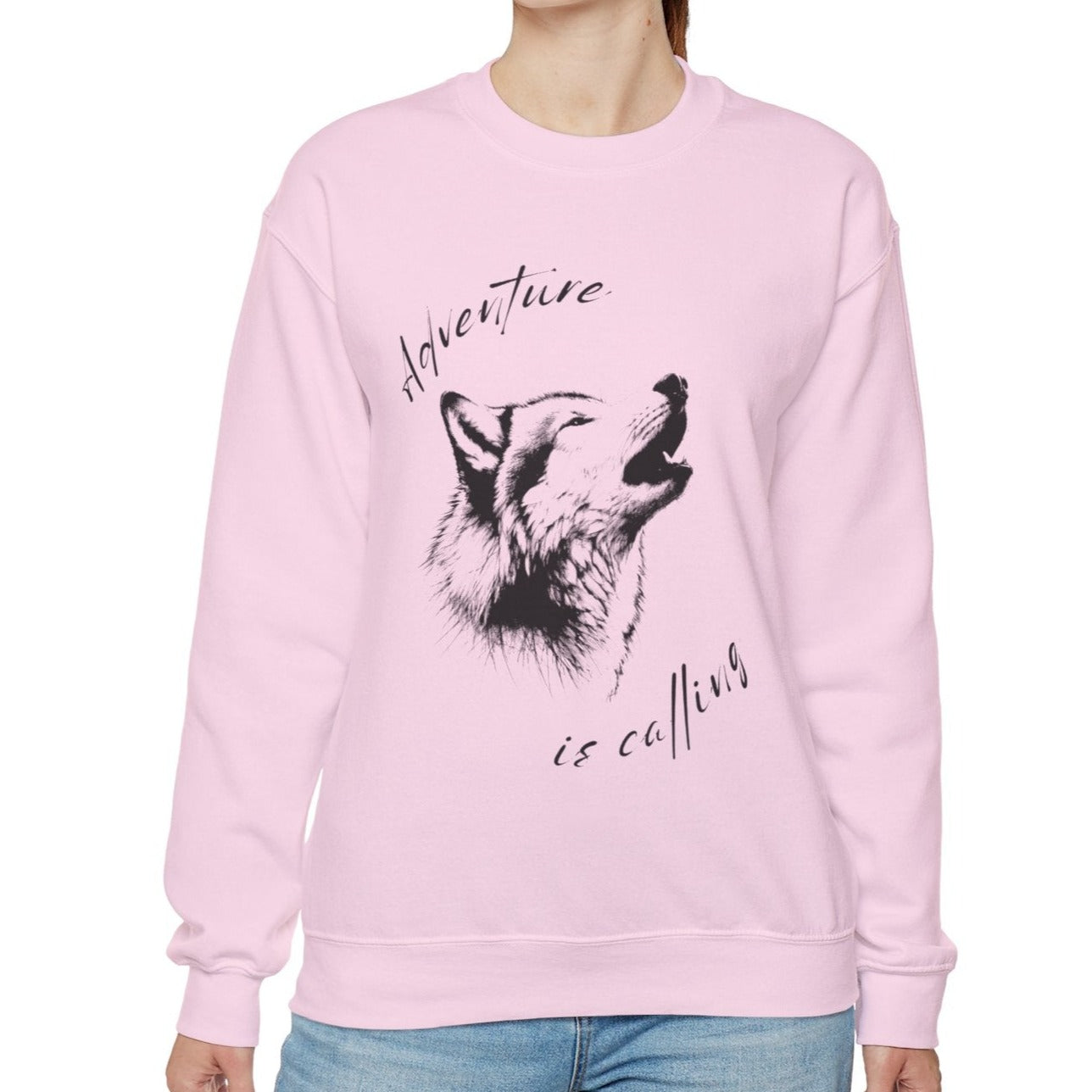 pink sweatshirt for women, design of wolf from wildlife reserves, great for travelers in Us parks and national forests in Oregon