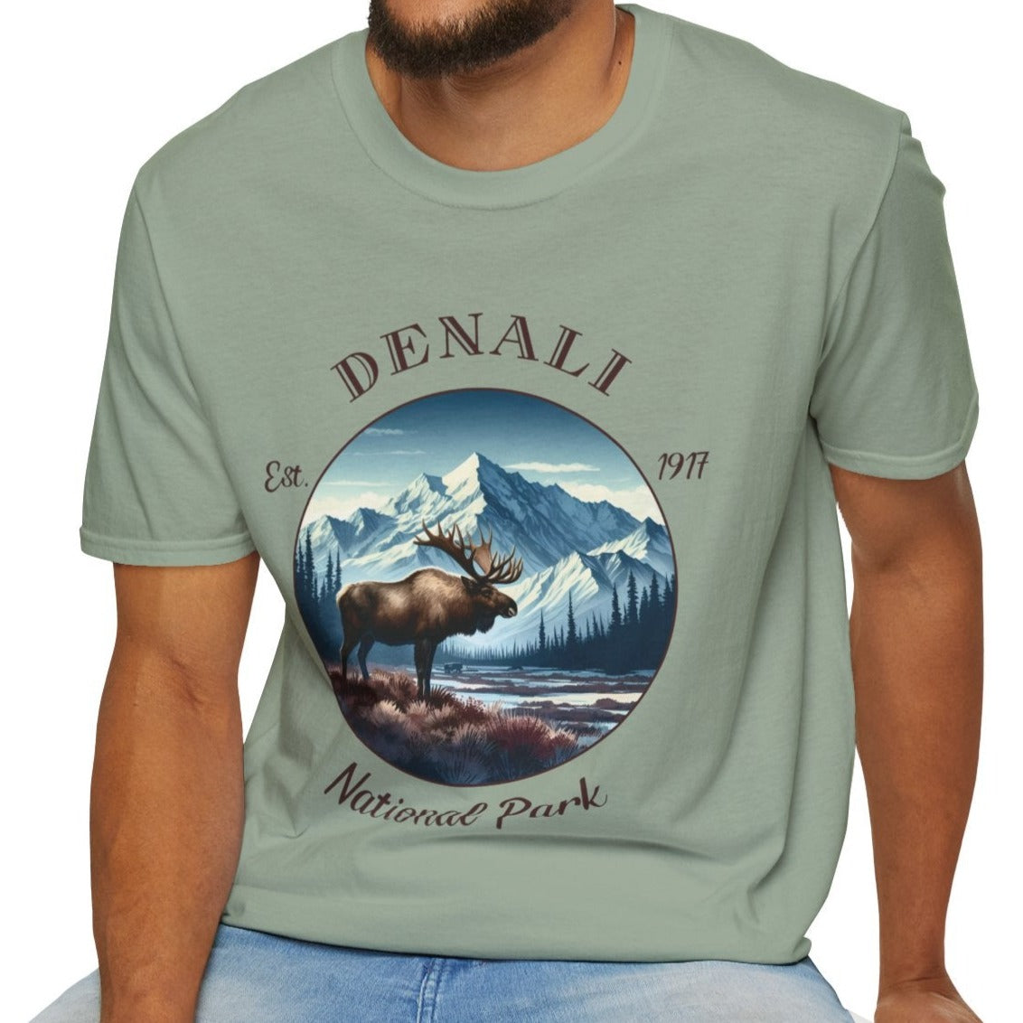 Denali park tee cool gift for boyfriend, nice gift for wife wild adventure through np in usa, good statement shirt for wildlife preservation supporters and enthusiasts, green t-shirt