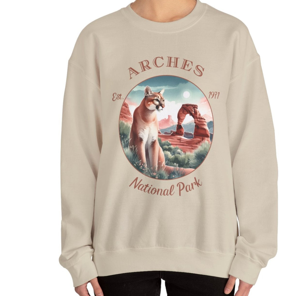 arches national park crewnweck sweatshirt is cool gift for boyfriend, nice gift for wife and her wild adventure through np in usa, great statement bag for wildlife preservation supporters and enthusiasts, oversized sweatshirt