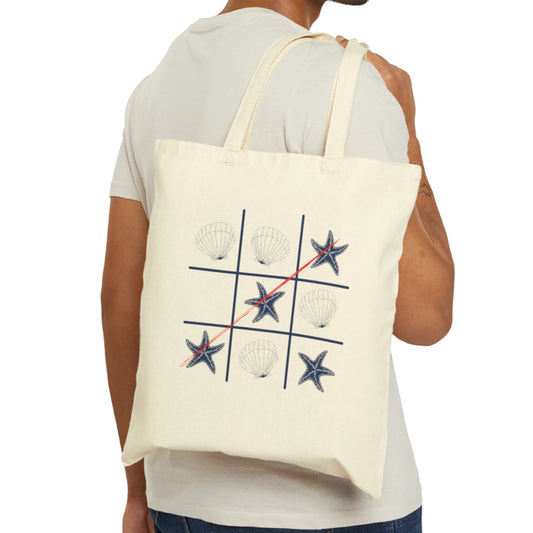 tic  tac toe from shells and sea stars tote bag, gift bag, natural canvas