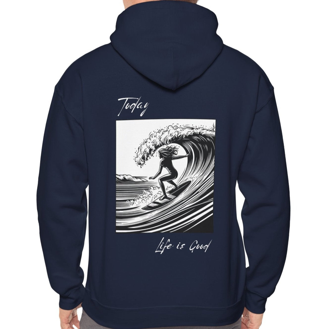 Navy blue hoodie for surfing women, surfing life statement hoodie, inspired by best surf beaches on east coast, surf life