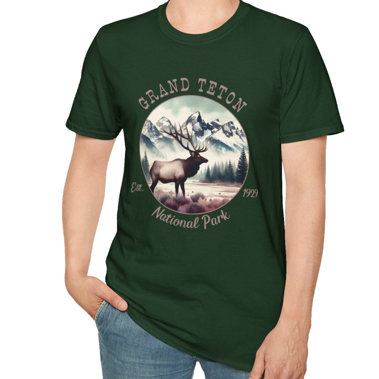 us Grand Teton national park t-shirt nice gift for girlfriend, mindful present for husband on journey to us np, apparel to live wild life and love us national parks, forest green tshirt