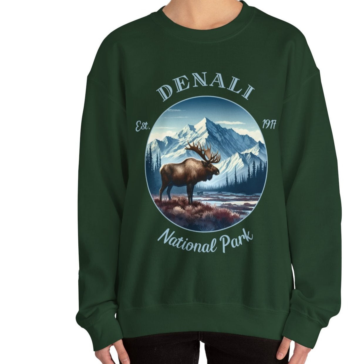 us denali sweatshirt is great gift for girlfriend, mindful present for husband emberking on his journey to us np, accessories for those who live wild life and love us national parks, forest green oversized sweatshirt