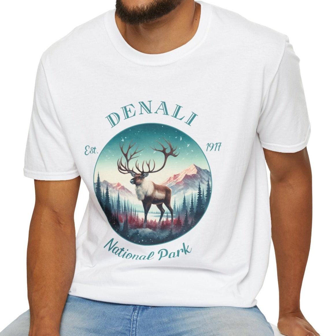 Denali park caribou tee cool gift for boyfriend, nice gift for wife wild adventure through np in usa, good statement shirt for wildlife preservation supporters and enthusiasts, white oversized t shirt