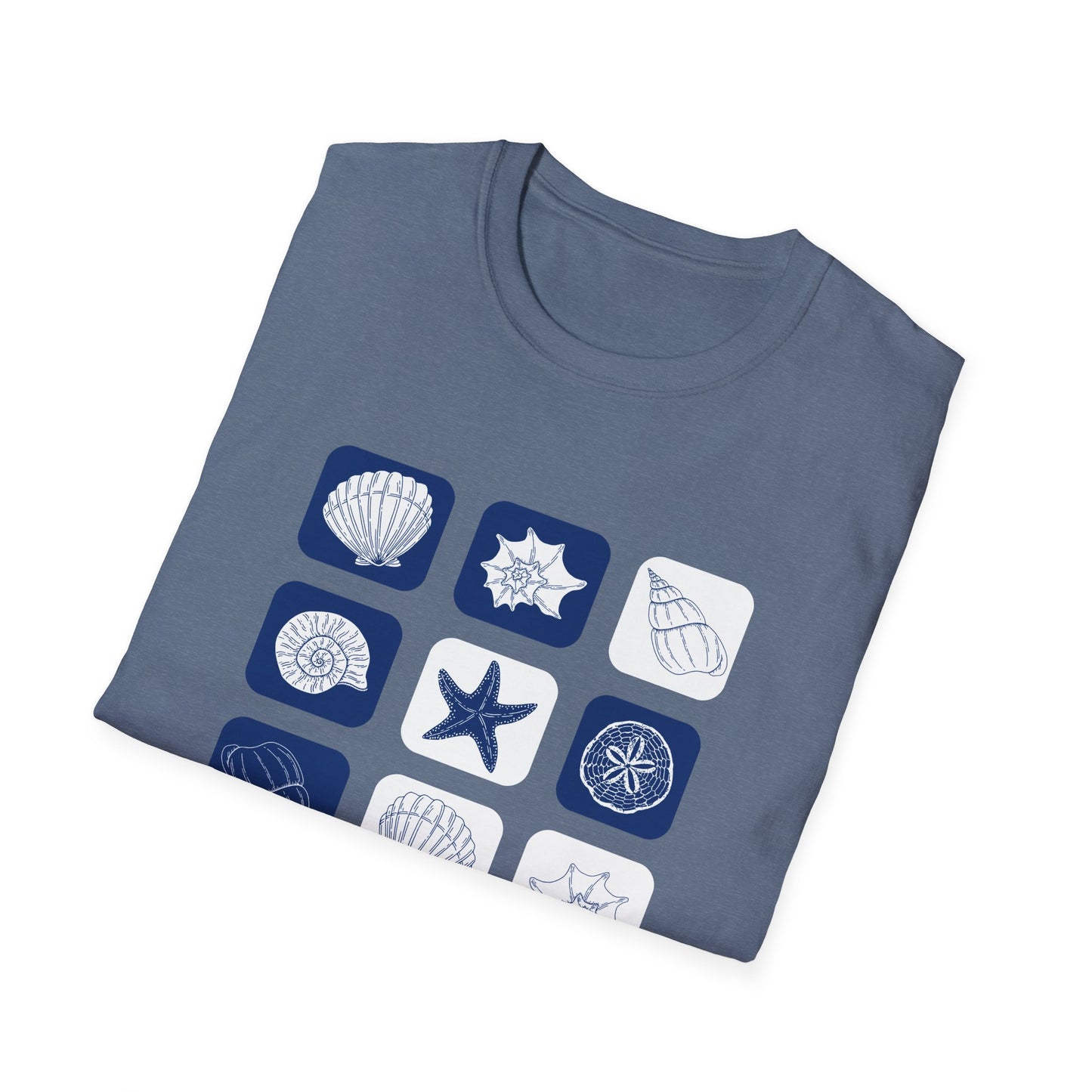 grey beach shirt with cool design, starfish, sea coin and shells