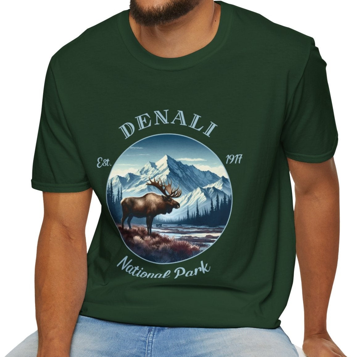 Denali park tee cool gift for boyfriend, nice gift for wife wild adventure through np in usa, good statement shirt for wildlife preservation supporters and enthusiasts, forest green tee