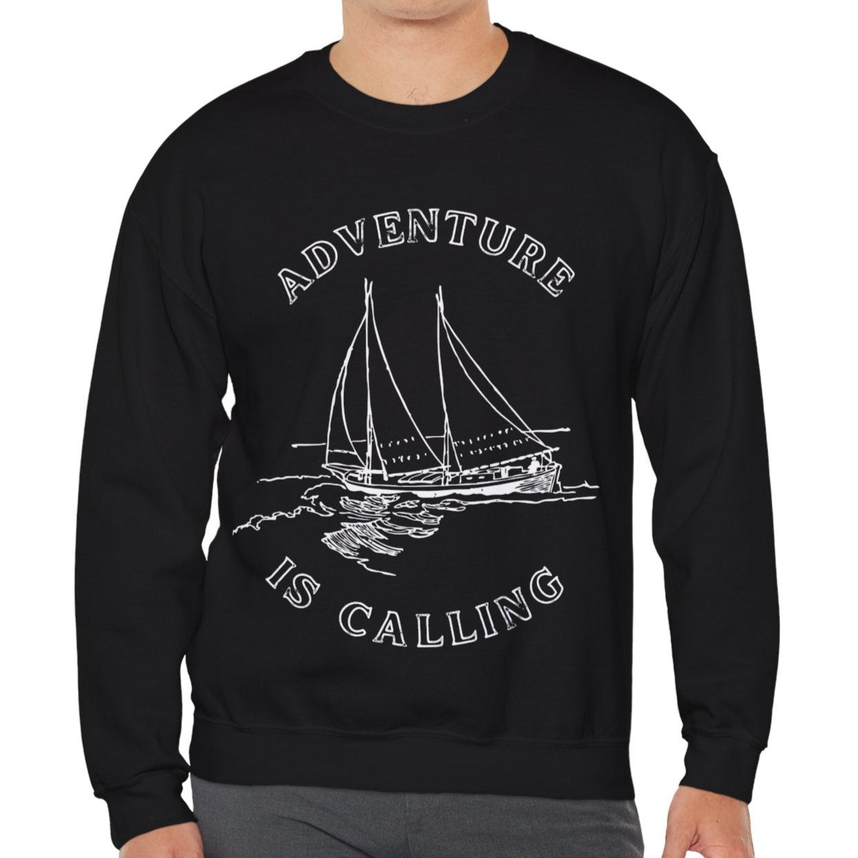 black yacht adventure sweatshirt for man and women, great gift to keep warm on their next salty and wet  adventure