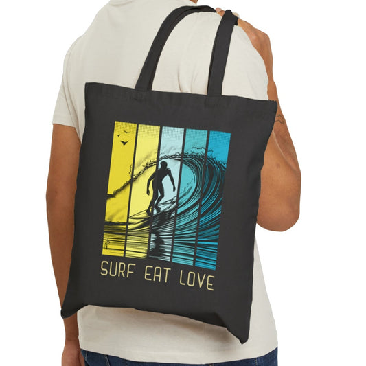 Bolsa tote Surf Eat Love de lona de algodón azul