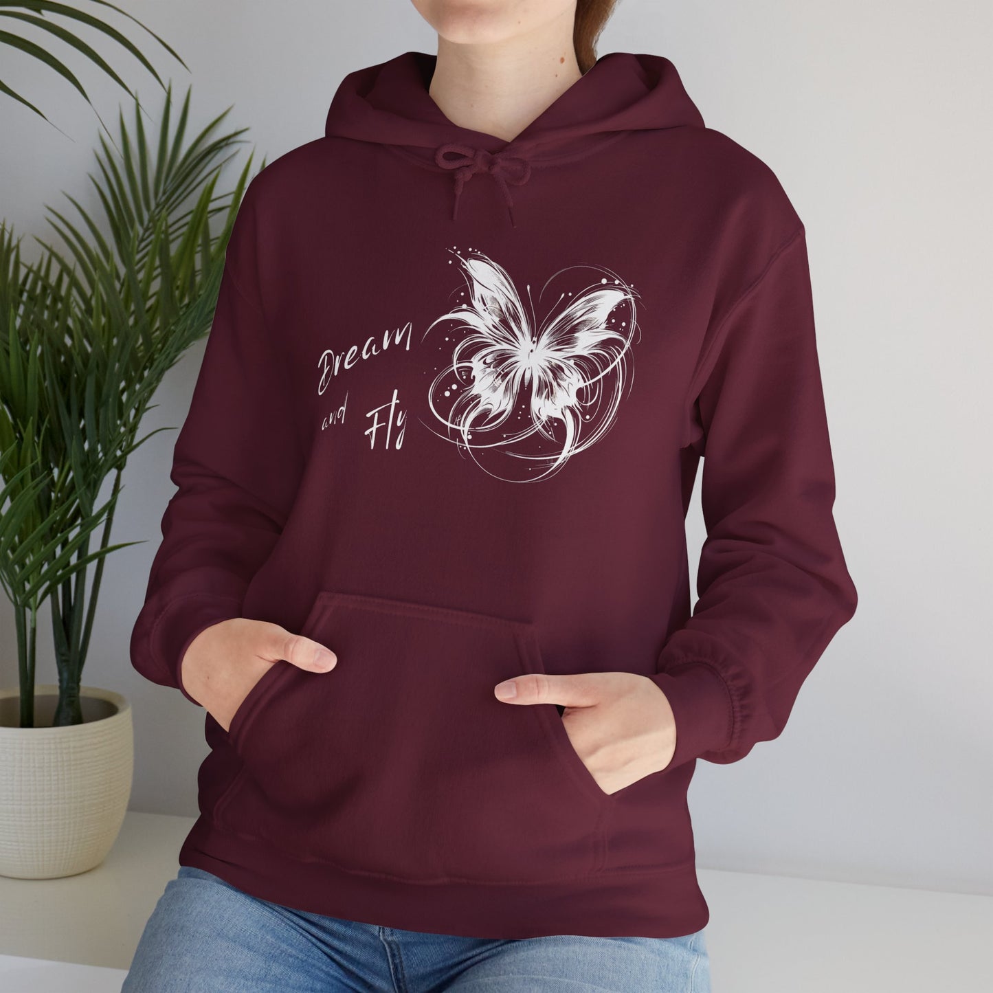 Maroon hoodie for ladies with white butterfly, good present for sister, essential  for beach perty, summer barbecue party or mountain hike